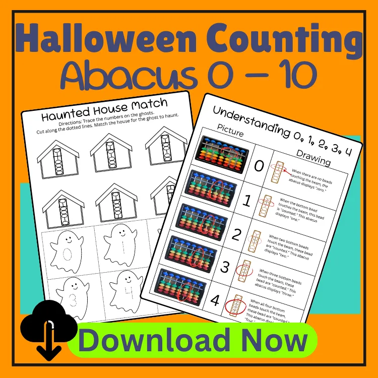 A Halloween-themed educational resource titled "Halloween Counting Abacus 0-10." The image shows two worksheets, one for matching haunted houses to ghosts by tracing numbers, and another for understanding numbers 0-4 using an abacus. The second worksheet displays pictures of an abacus alongside a corresponding drawing, helping children visualize counting. The activities are designed for early learners to practice number recognition and basic counting skills in a fun, festive way.