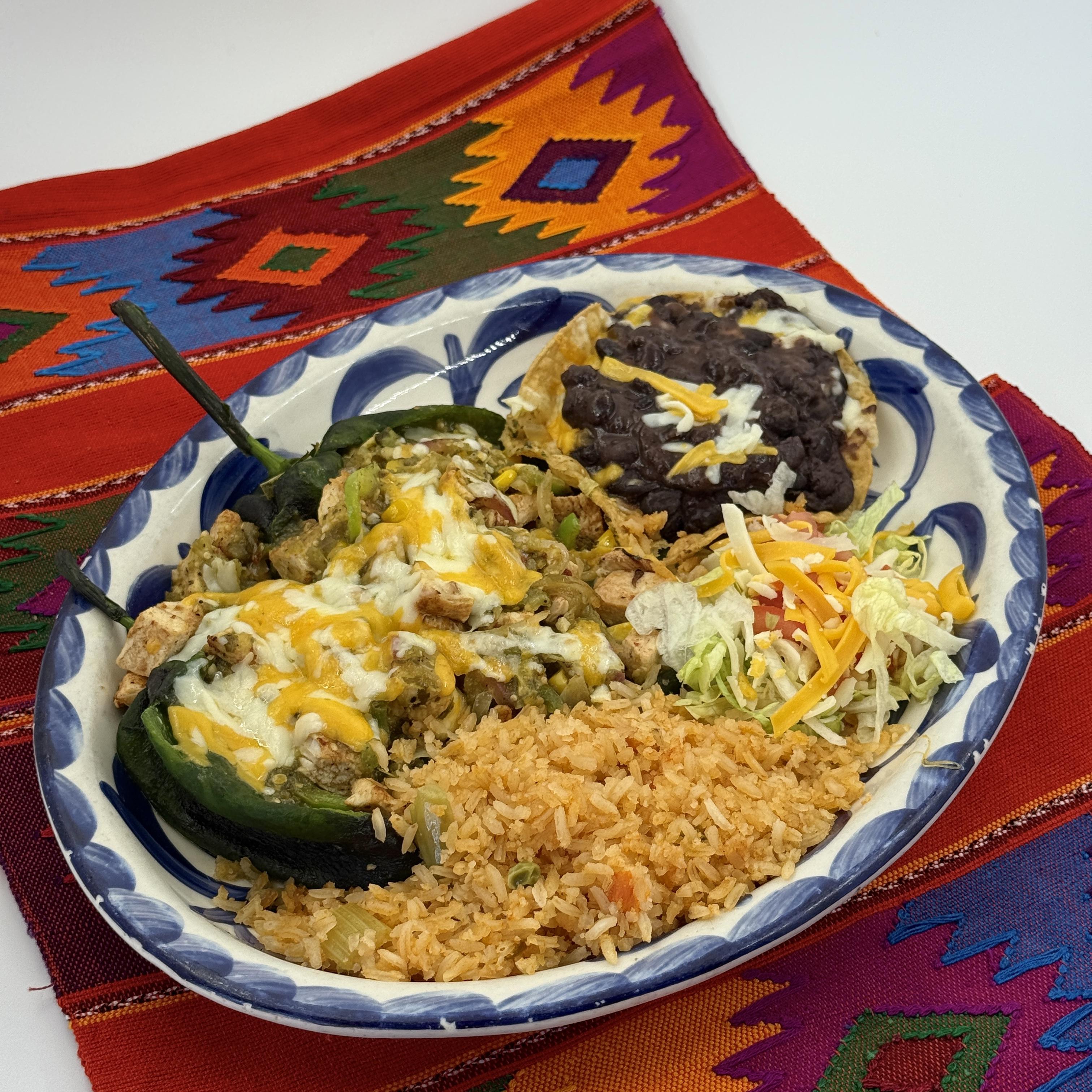 Casa de Pico chiles poblanos with rice and black beans