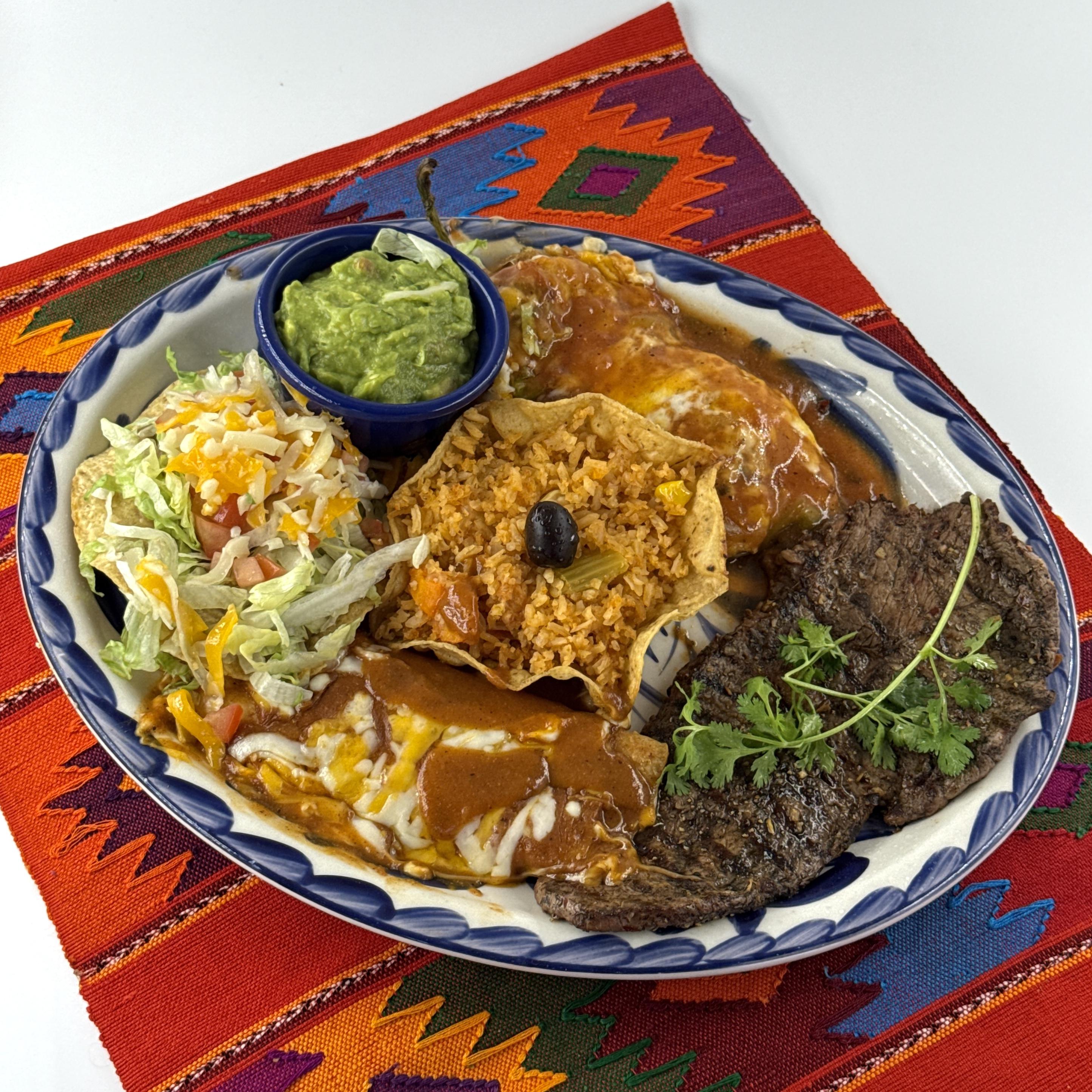¡FABULOSA!, Chef's full size sampler of Mexican masterpieces—Feast on a delightful selection handpicked by our chef with A scrumptious assortment of the best of our famous Mexican food! Carne asada, cheese enchilada, chile relleno, bean tostadita, Mexican rice, and concha de guacamole It's the ultimate indulgence for those who adore the authentic, vibrant flavors of Mexican cuisine. Don't just taste. Explore the culinary landscape of Mexico in every bite!