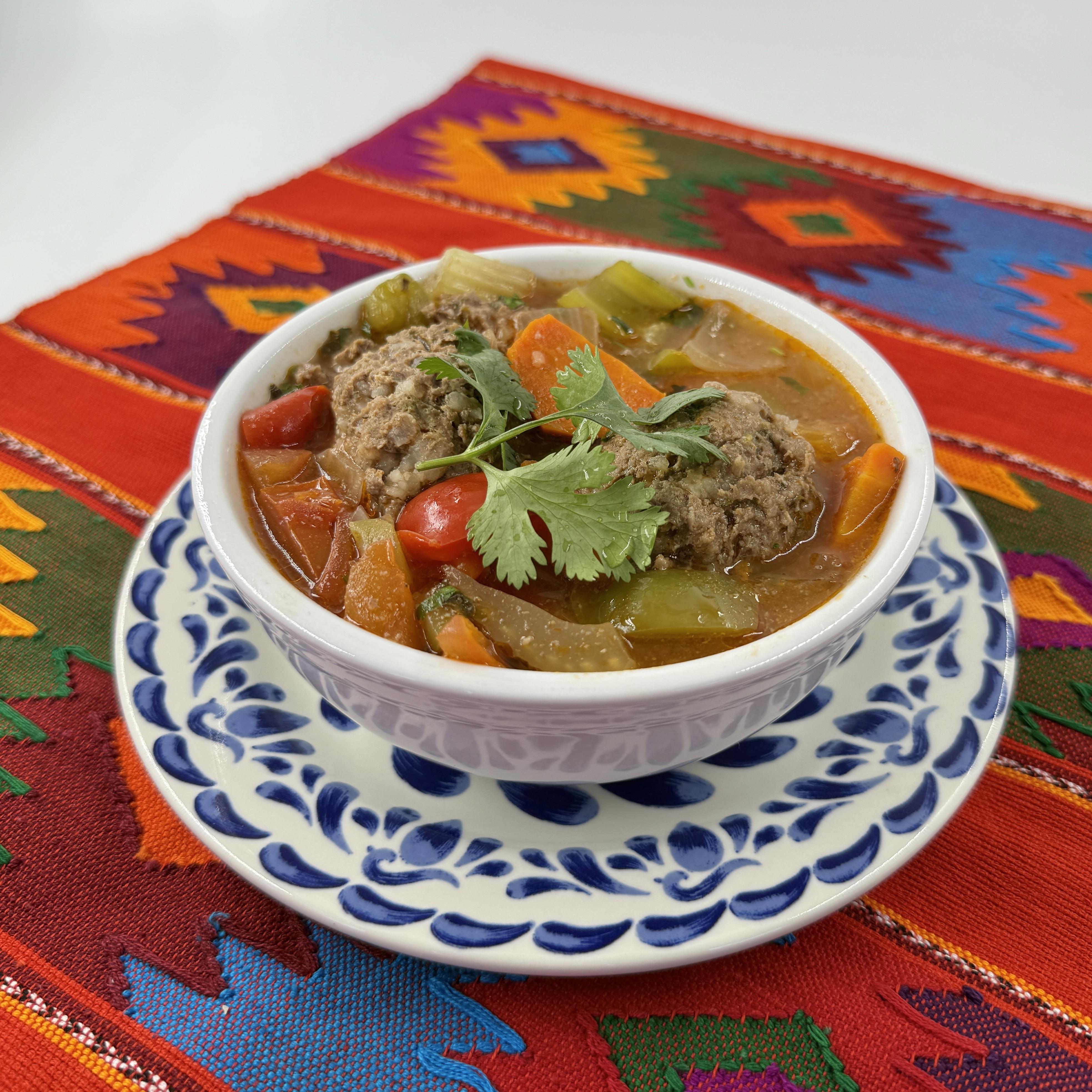 Aldondiga soup- A classic Mexican dish made with fresh ingredients. The meatballs are hand-rolled using premium ground beef and seasonings for the perfect taste, with plump rice and finely chopped vegetables in a rich and savory broth.