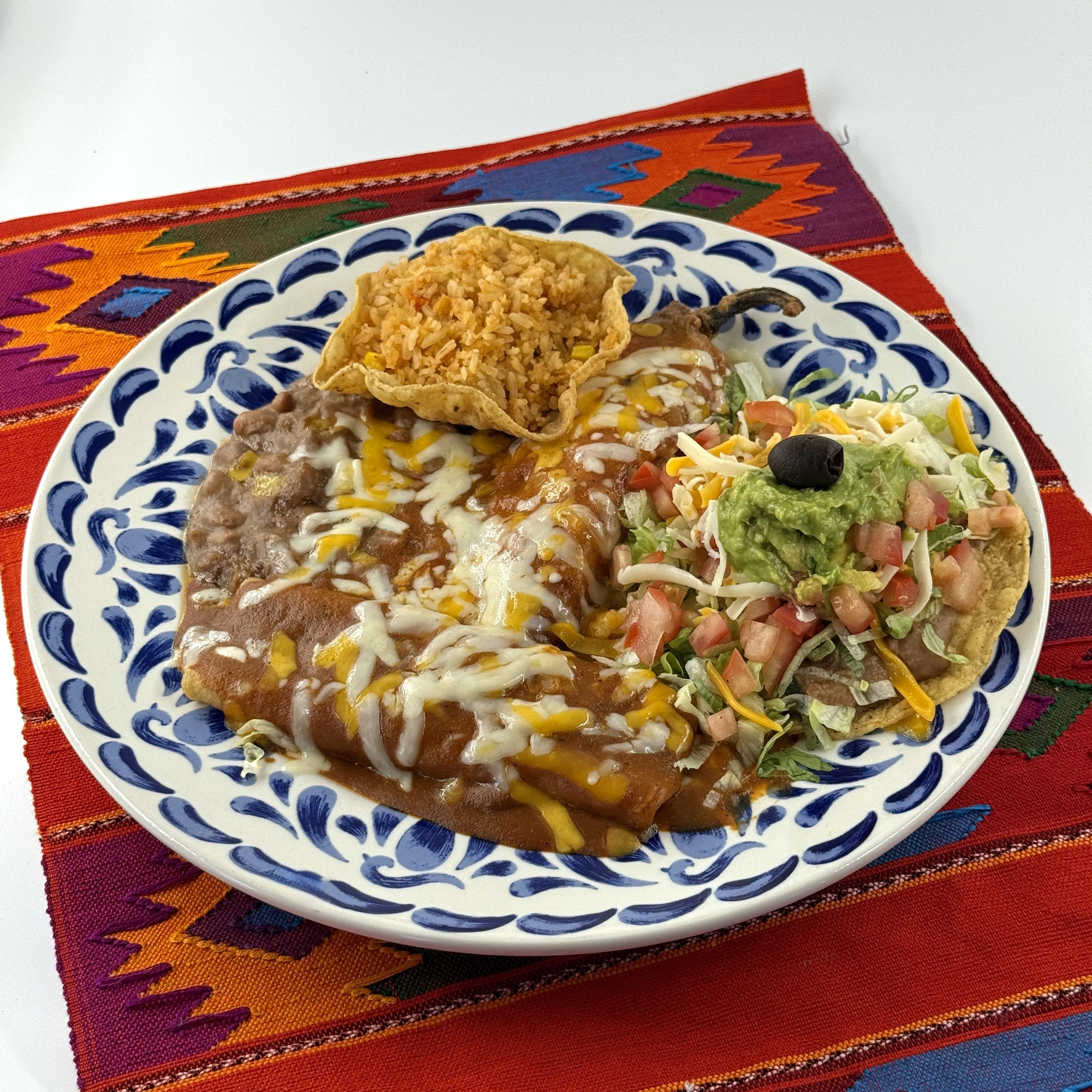 #4 Chile Relleno, Cheese Enchilada, Guacamole & Bean Tostada