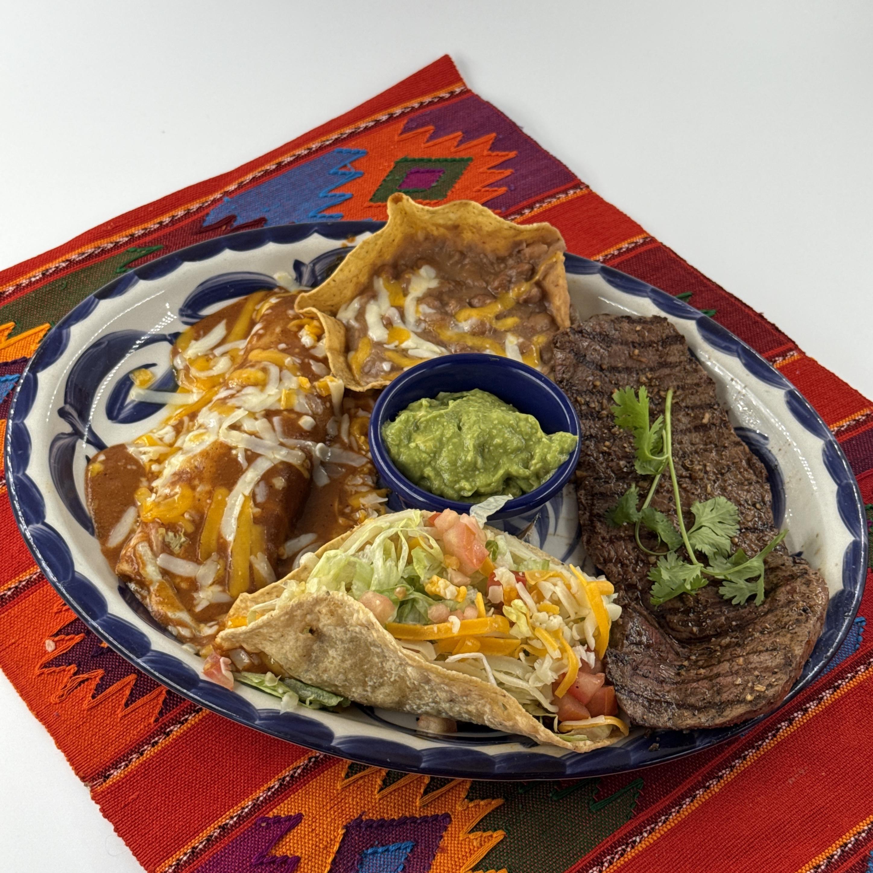 SENOR PICO, Thinly-sliced carne asada with a beef or chicken taco, cheese enchilada, guacamole and refried beans.
