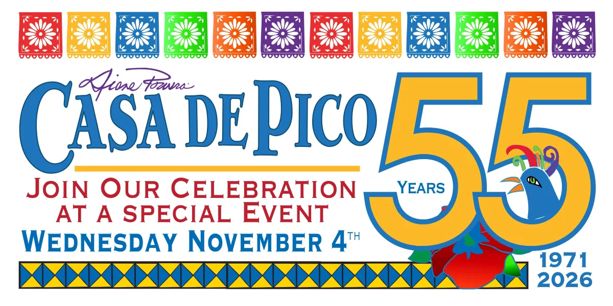 55 year anniversary banner for Casa de Pico and Bazaar Del Mundo shops