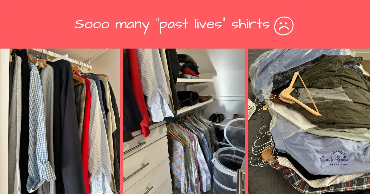 Three images of a closet stuffed with shirts.