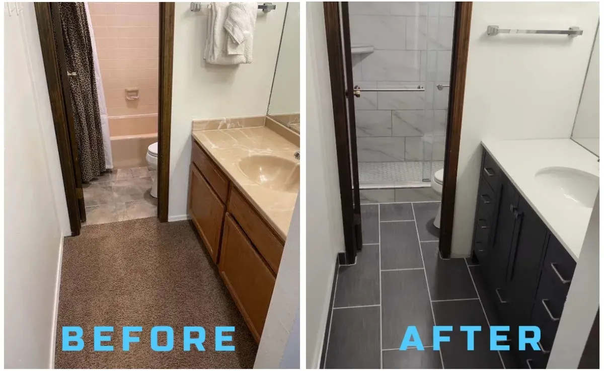 before and after picture of recent bathroom remodel