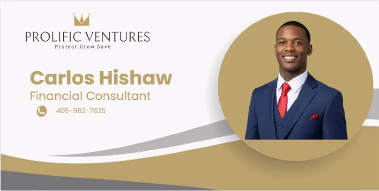 Carlos Hishaw, an approachable African-American financial consultant in his 40s, smiling confidently in a smart suit. He stands in a warmly lit office with bookshelves and family photos, exuding professionalism and empathy.