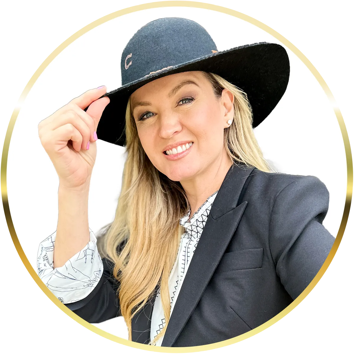 Professional portrait of a female real estate advisor wearing a black hat and blazer, smiling confidently against a clean white background with a gold circular border.