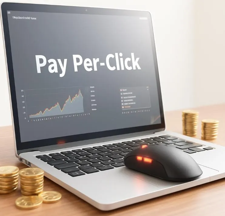 laptop, mouse and coins - pay per click