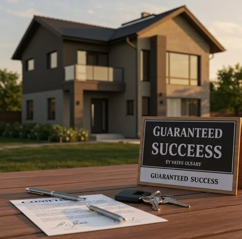 a contract, a pen, a sign saying "guaranteed success" in front of a single family property