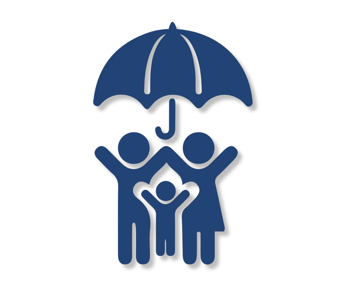 Blue graphic of a family of 3 holding an umbrella over their heads. This graphic represents Life Insurance.