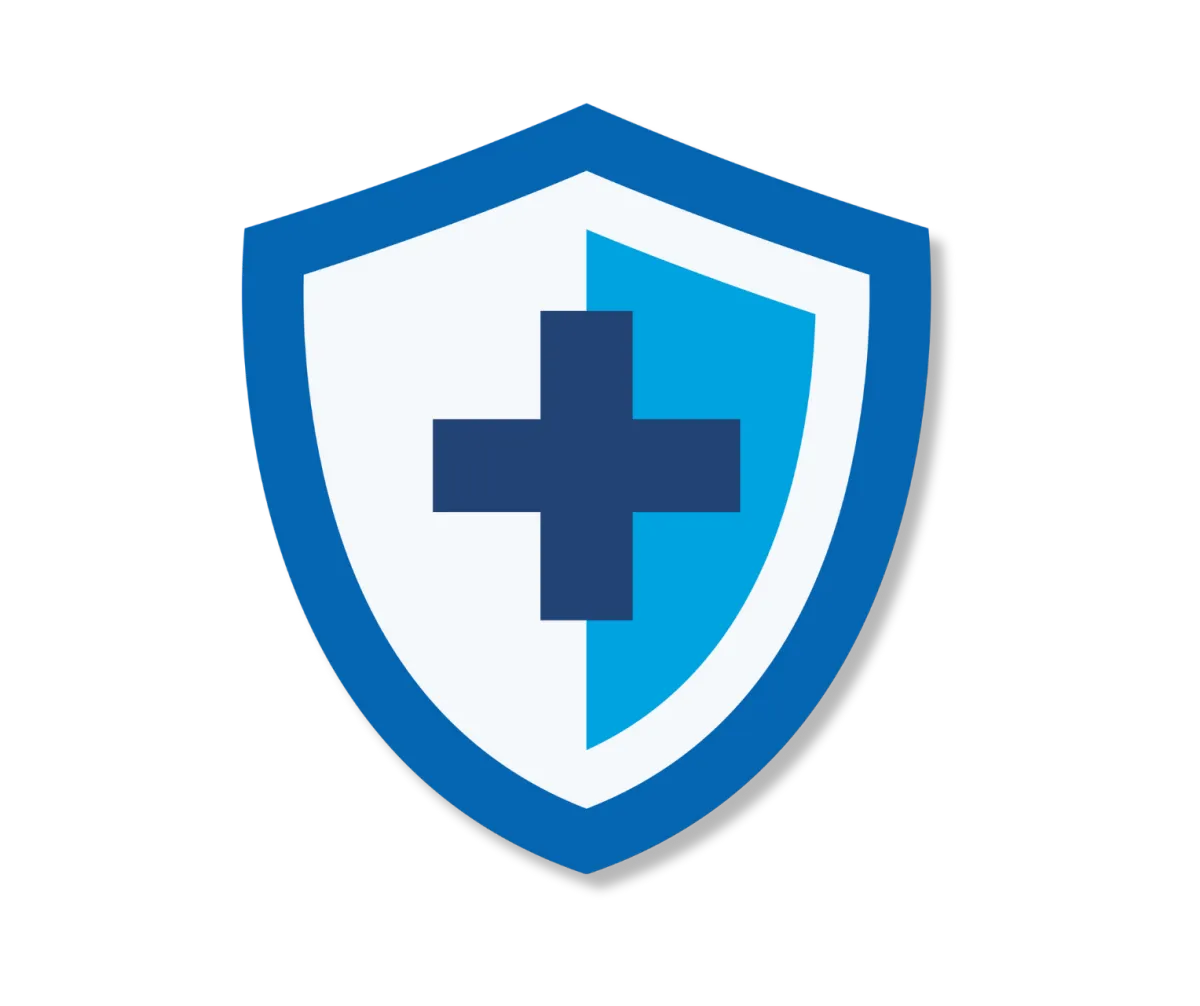 Graphic of a blue shield with a darker blue plus sign.  This graphic represents Medicare.