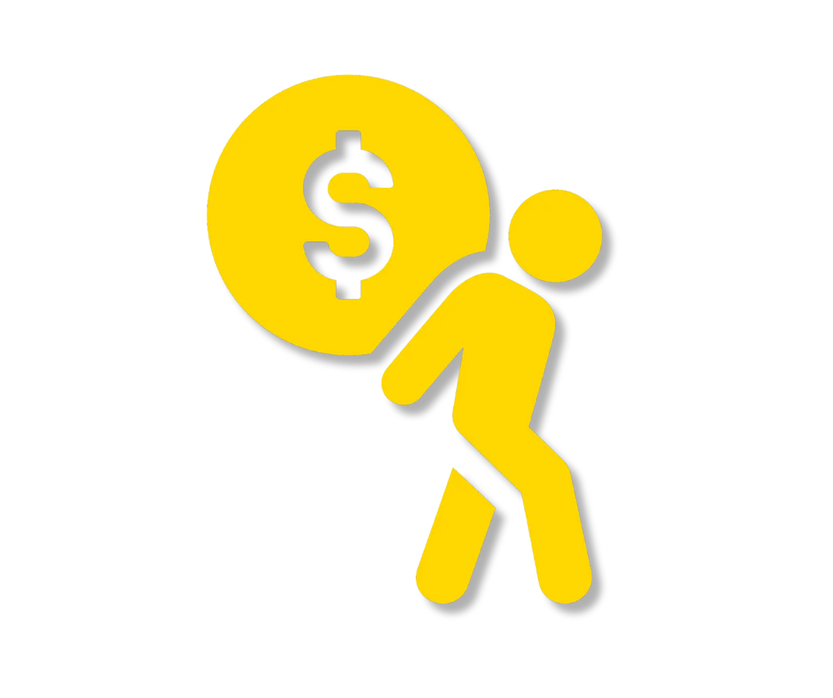 a yellow graphic of a person carrying a bag of money on their back. This graphic represents Accelerated Debit Elimination. 