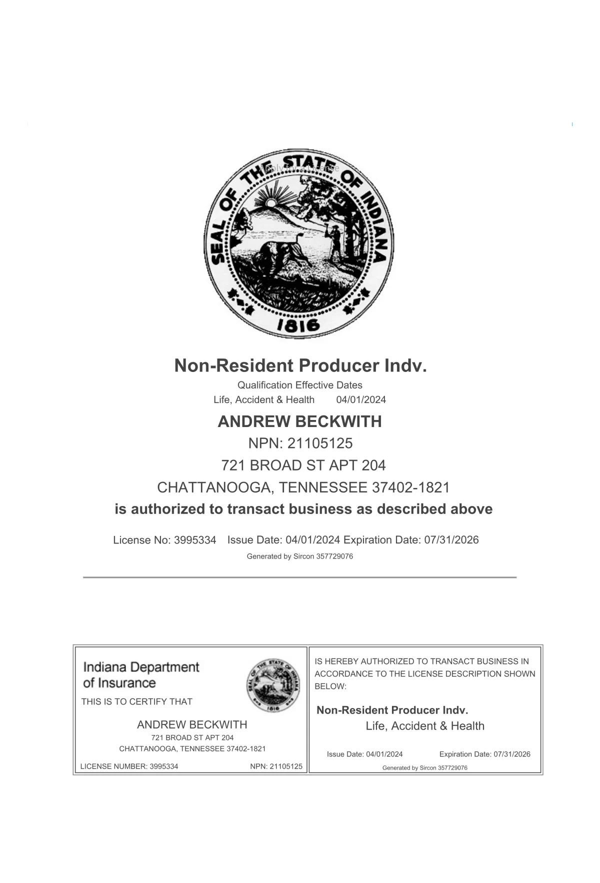 Indiana Health Insurance Broker License