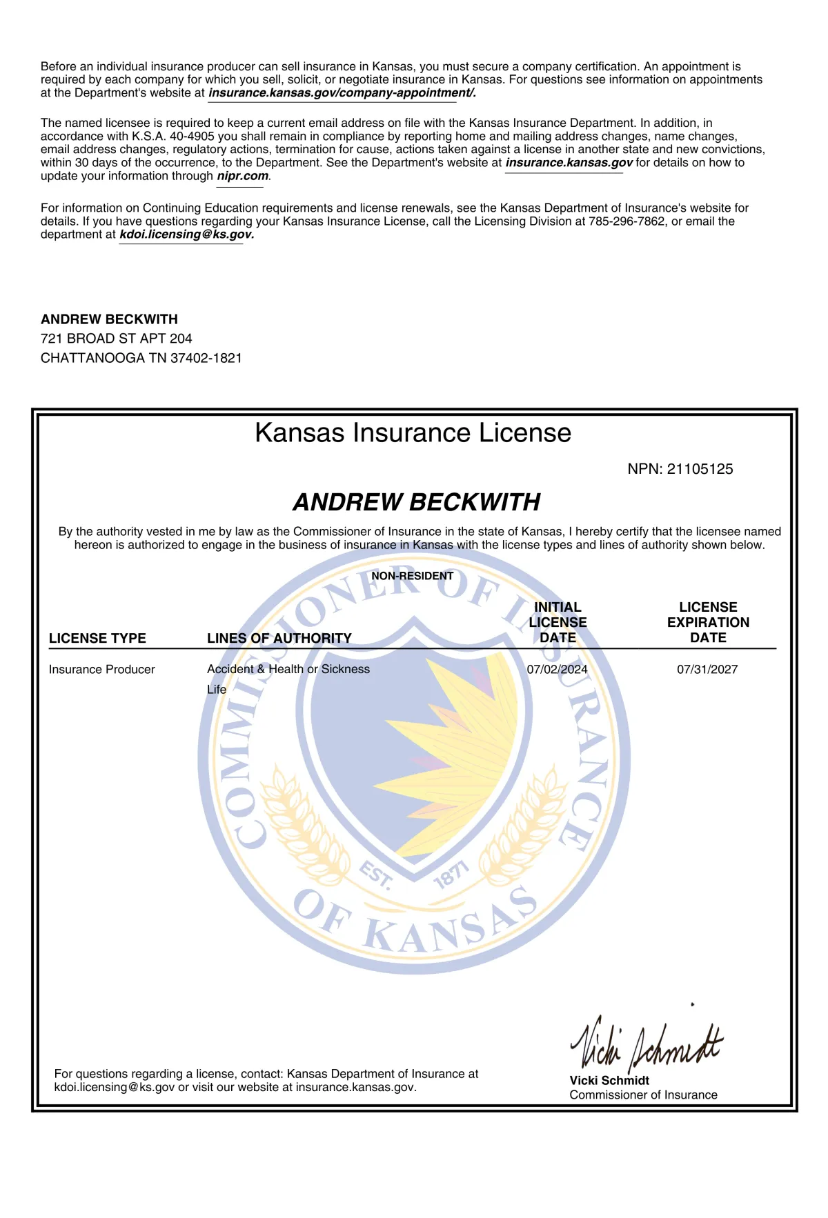 Kansas Health Insurance Broker License