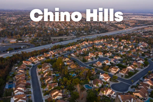 `Aerial view of Chino Hills California neighborhoods and rolling hills`