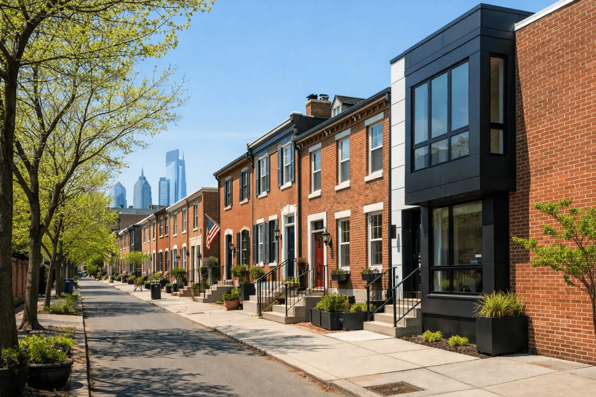 A vibrant street scene in a developing Philadelphia neighborhood with modern rowhomes and historic brick architecture.