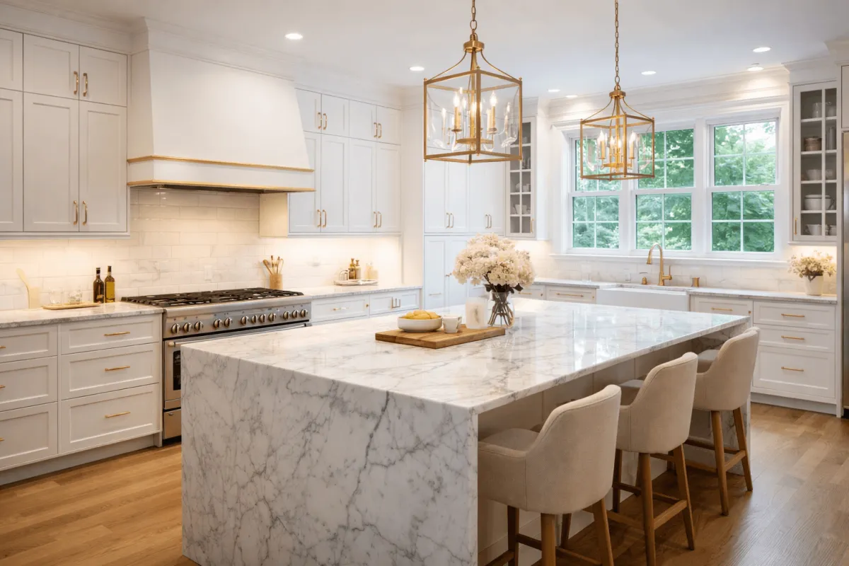 A professional before-and-after comparison of a renovated Philadelphia kitchen showing high-end finishes and increased modern appeal.