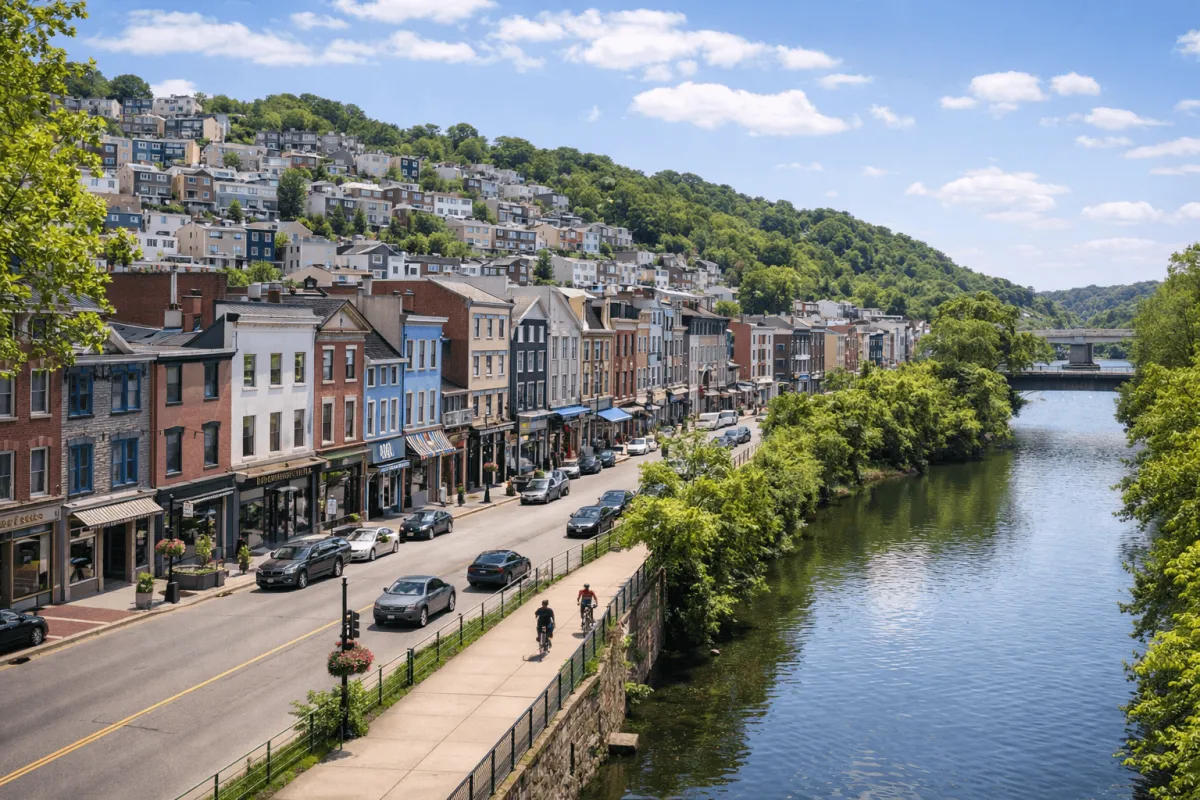 View of Main Street Manayunk in the spring with its iconic storefronts, hills, and the Schuylkill River Canal path in the background.