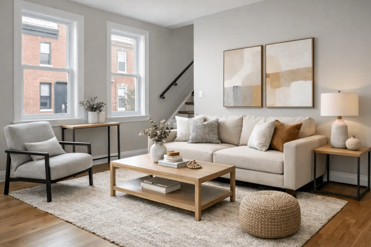 A bright, professionally staged modern living room in a Philadelphia home, highlighting clean lines and natural light to attract buyers.