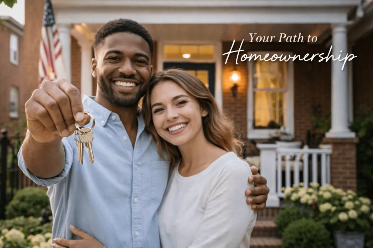 A young, happy couple holding a new house key with a "Sold" sign in the background in front of a charming Philadelphia rowhome