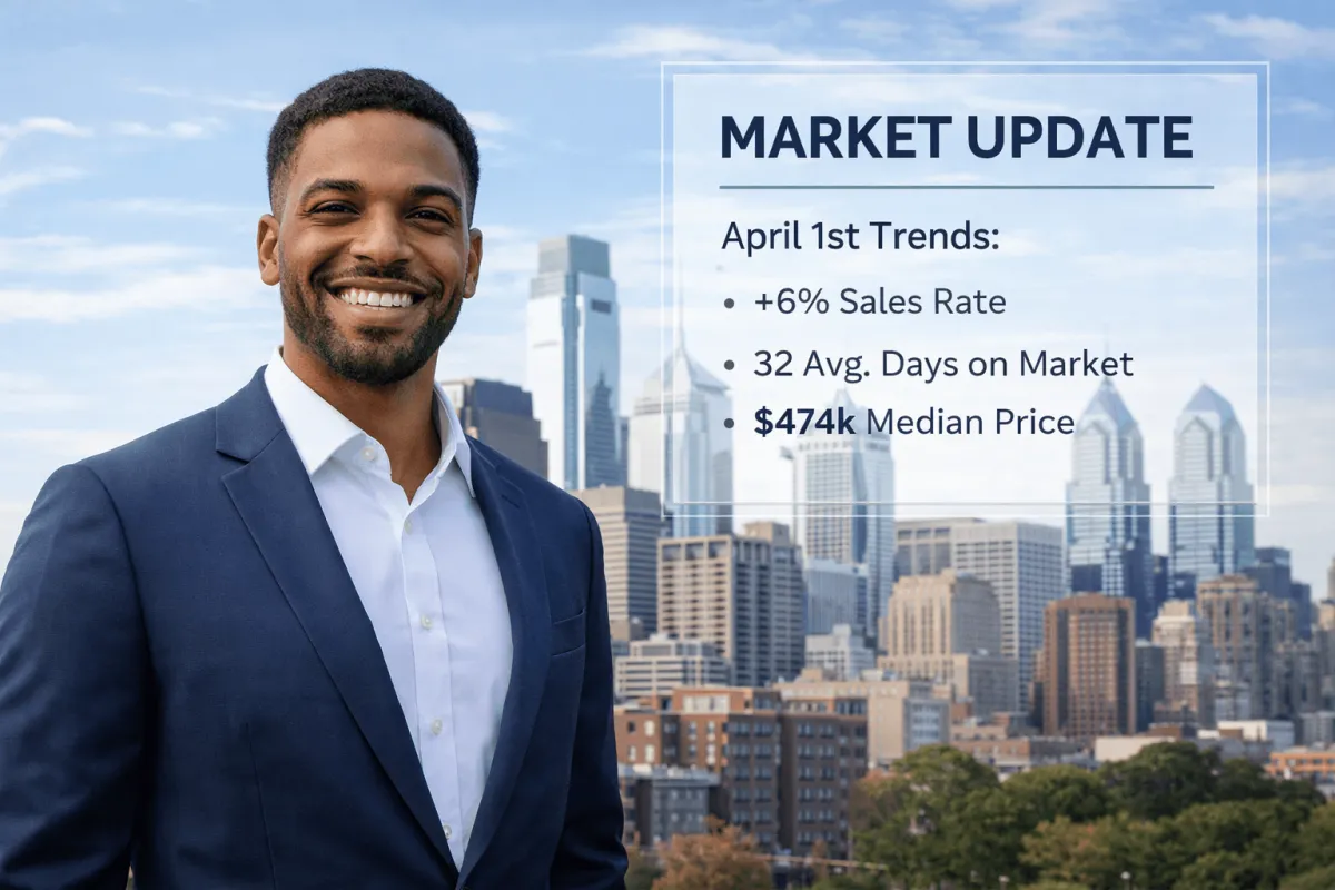 A sleek market update graphic featuring the Philadelphia skyline at sunrise