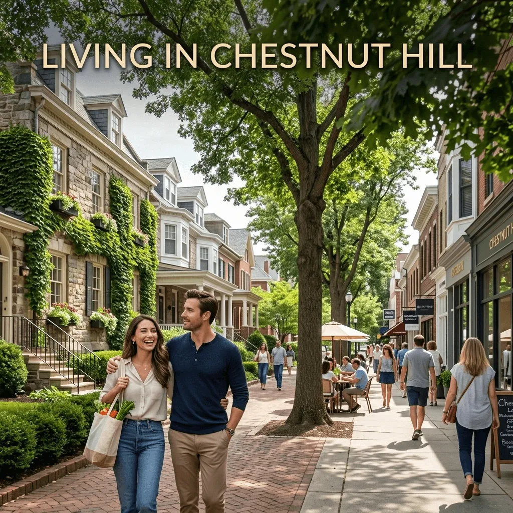 A beautiful, photorealistic street view of Germantown Avenue in Chestnut Hill at sunset, featuring historic stone buildings, blooming spring trees, and warm shop window lights.
