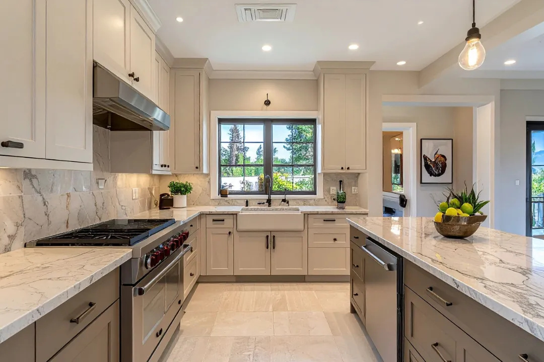 a kitchen with three stools and a center island
