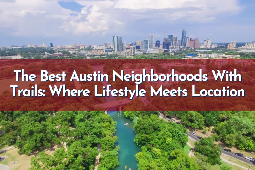 Hiking and biking trail near residential neighborhoods in Austin Texas with trees and skyline views