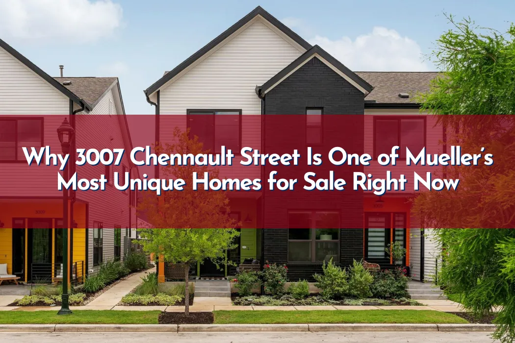 Modern rowhome at 3007 Chennault Street facing Taniguchi Park in Mueller, Austin, Texas, featuring contemporary architecture and walkable neighborhood amenities.