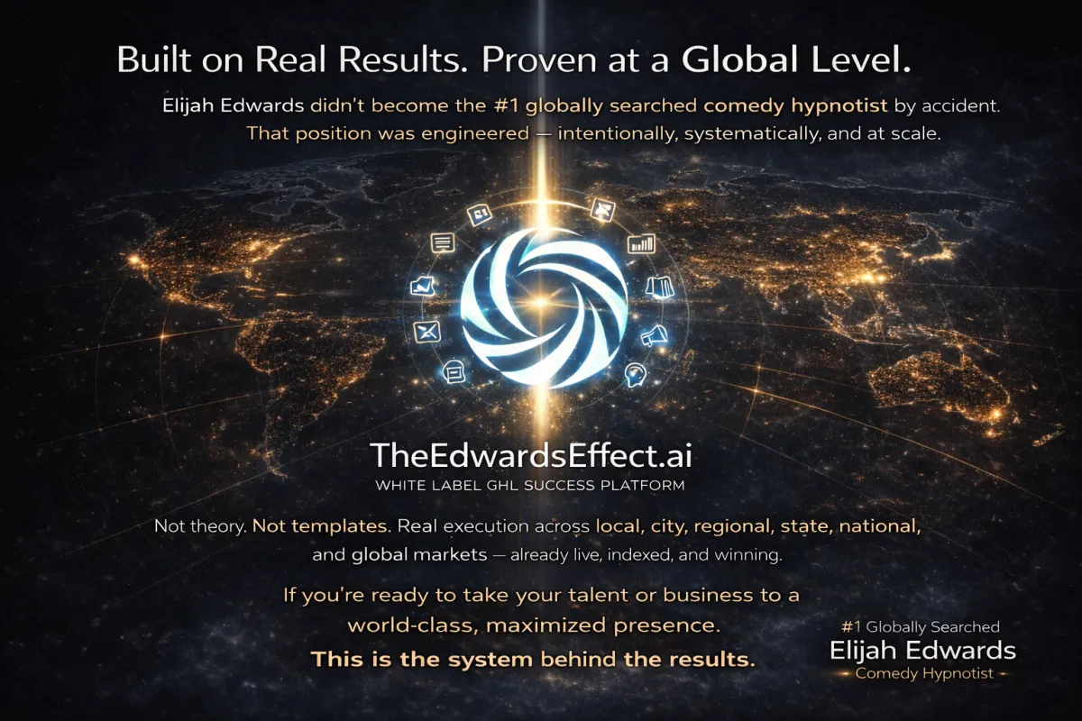 TheEdwardsEffect.ai singularity logo with glowing blue light beam and digital marketing icons symbolizing scalable white-label GHL growth from local to global.
