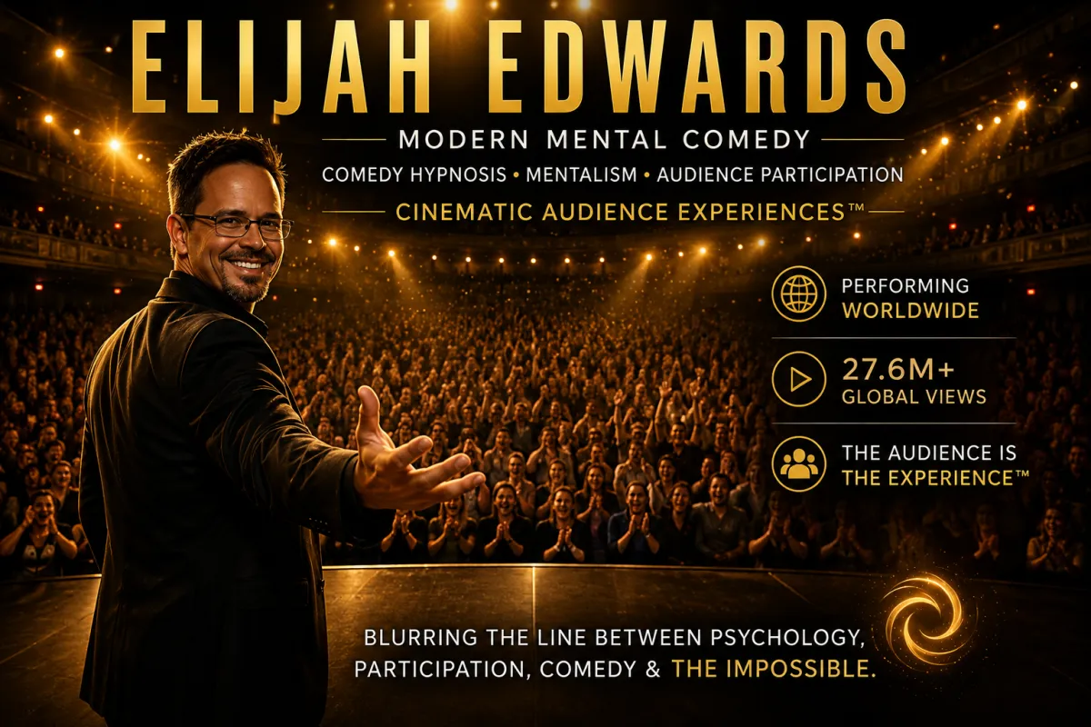 Elijah Edwards creating Cinematic Audience Experiences through Modern Mental Comedy, psychology, participation and unforgettable interactive entertainment for audiences worldwide.