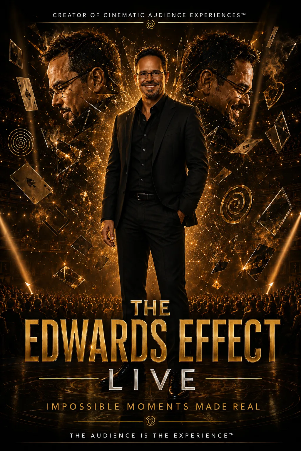 Elijah Edwards facing a large live audience during an interactive Modern Mental Comedy performance combining comedy hypnosis, mentalism, psychology and spontaneous audience participation.