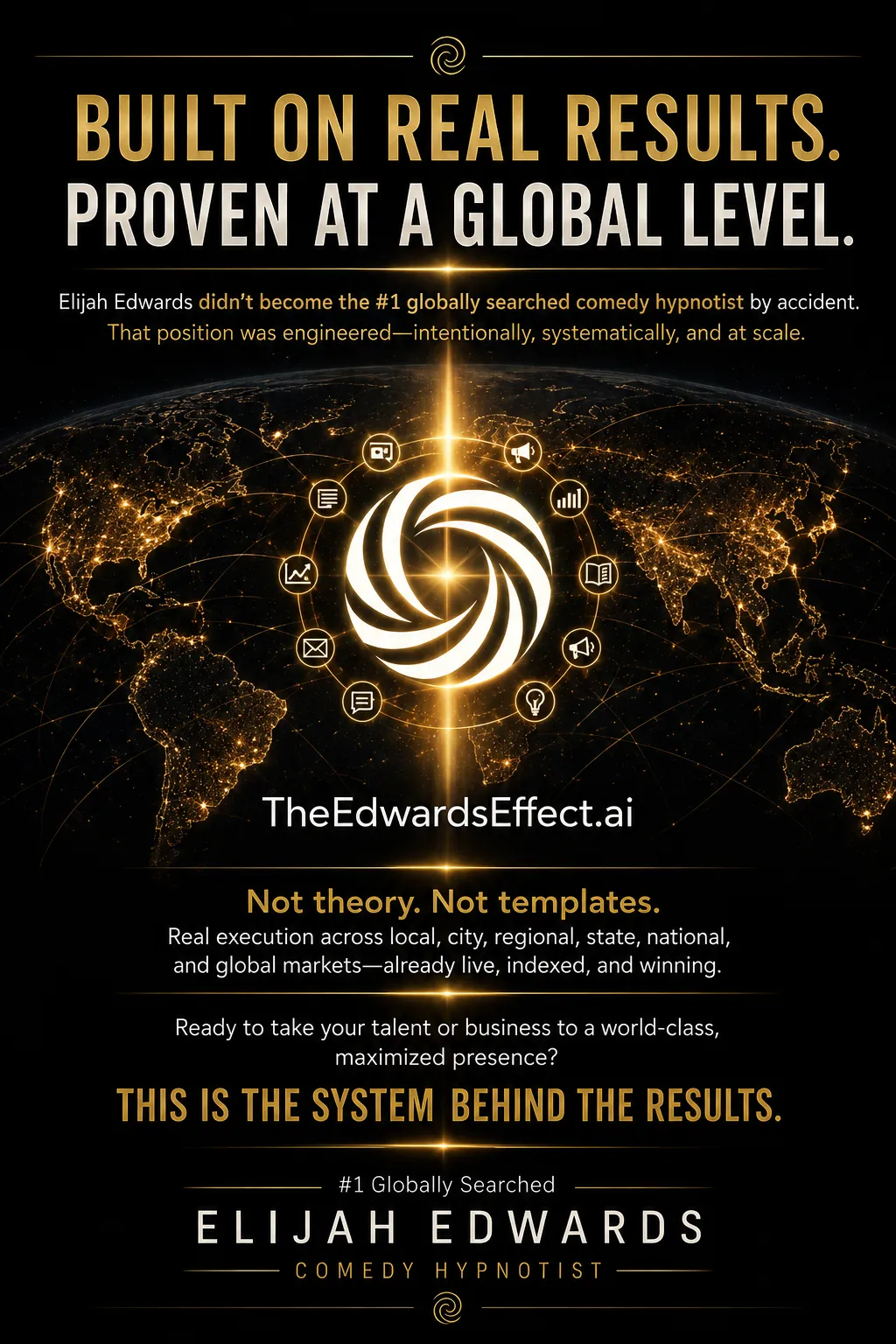 Elijah Edwards performing Modern Mental Comedy and Cinematic Audience Experiences through interactive hypnosis, mentalism, psychology, comedy and live audience participation, supported by the global authority platform TheEdwardsEffect.ai.