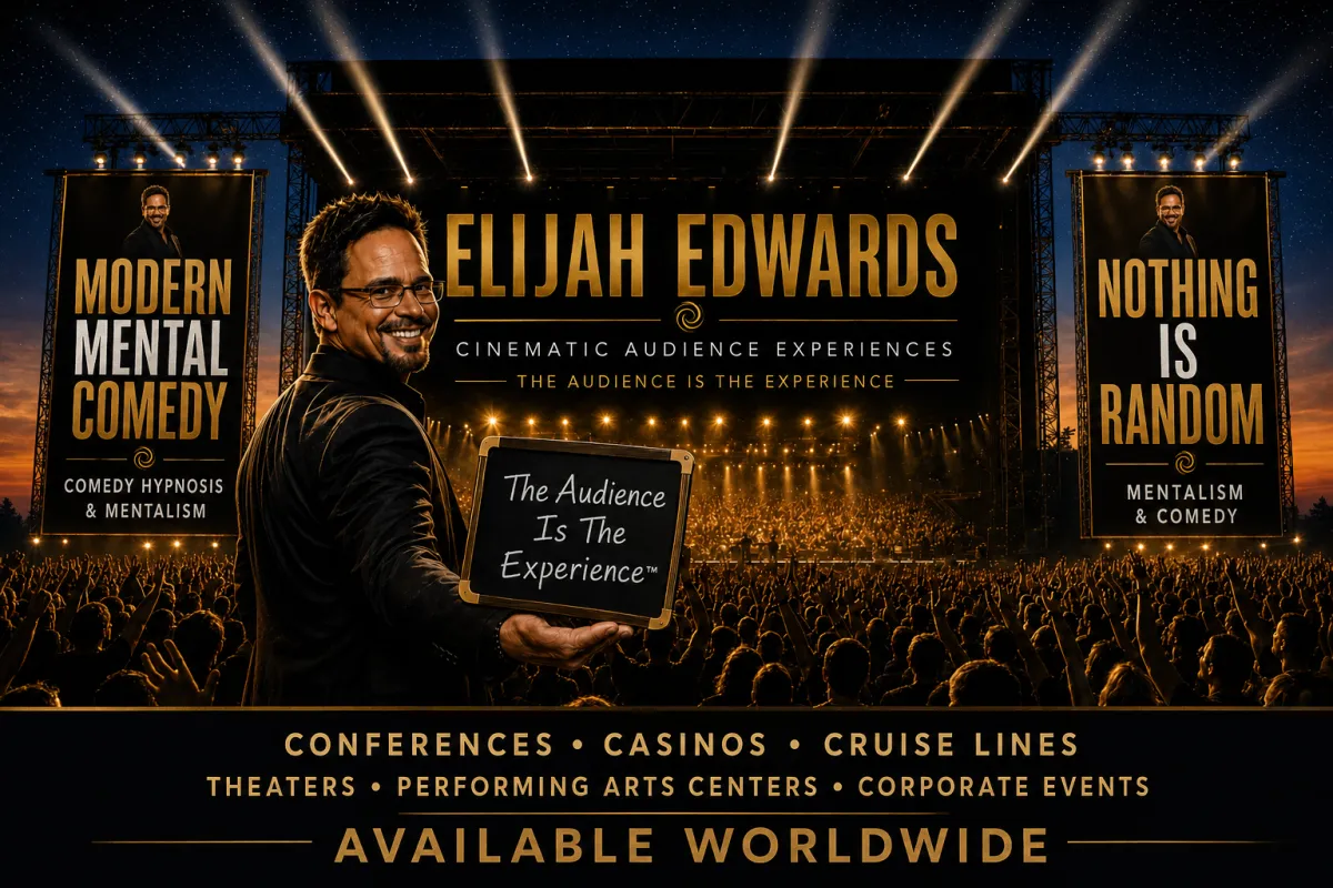 Elijah Edwards promoting Modern Mental Comedy and Nothing Is Random for conferences, casinos, cruise lines, theaters, and corporate events worldwide