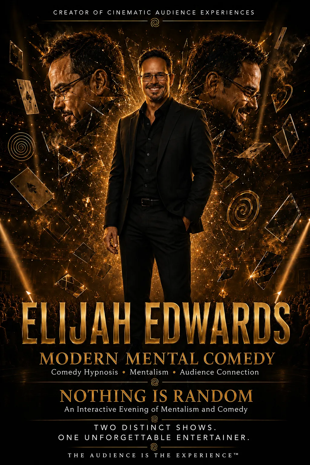 Elijah Edwards facing a large live audience during an interactive Modern Mental Comedy performance combining comedy hypnosis, mentalism, psychology and spontaneous audience participation.