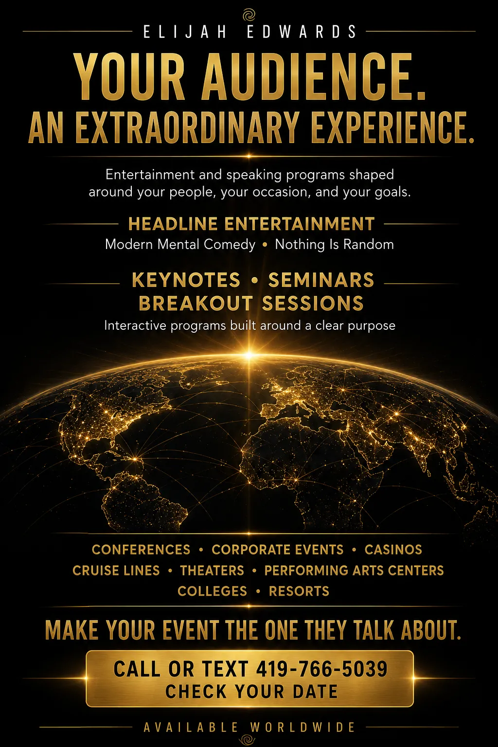 Elijah Edwards entertainment and speaking programs, featuring Modern Mental Comedy, Nothing Is Random, keynotes, seminars, and breakout sessions available worldwide.