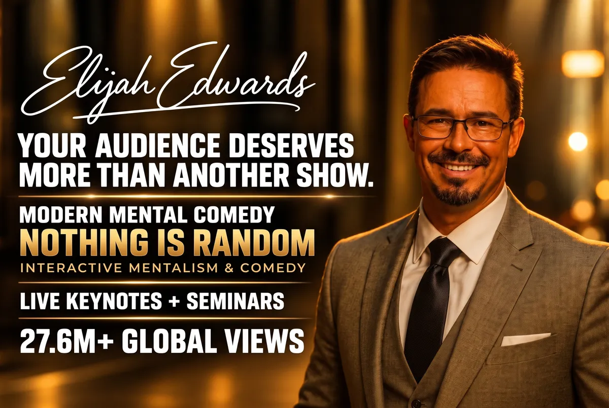 Elijah Edwards authority headliner banner featuring Modern Mental Comedy, Nothing Is Random, and 27.6M+ global views against an illuminated stage backdrop.