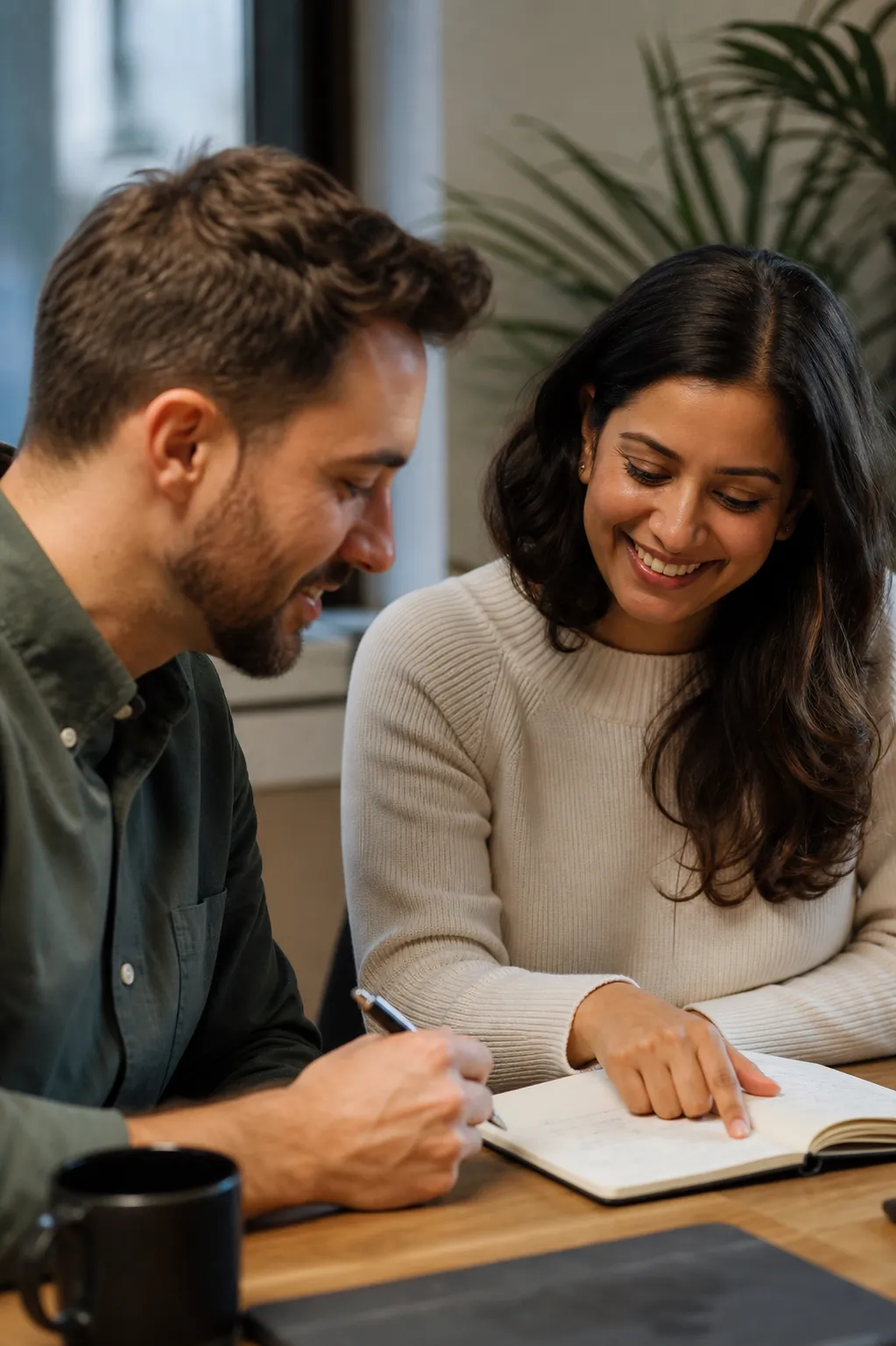 Two people collaborating at a desk, reviewing notes together in an open notebook