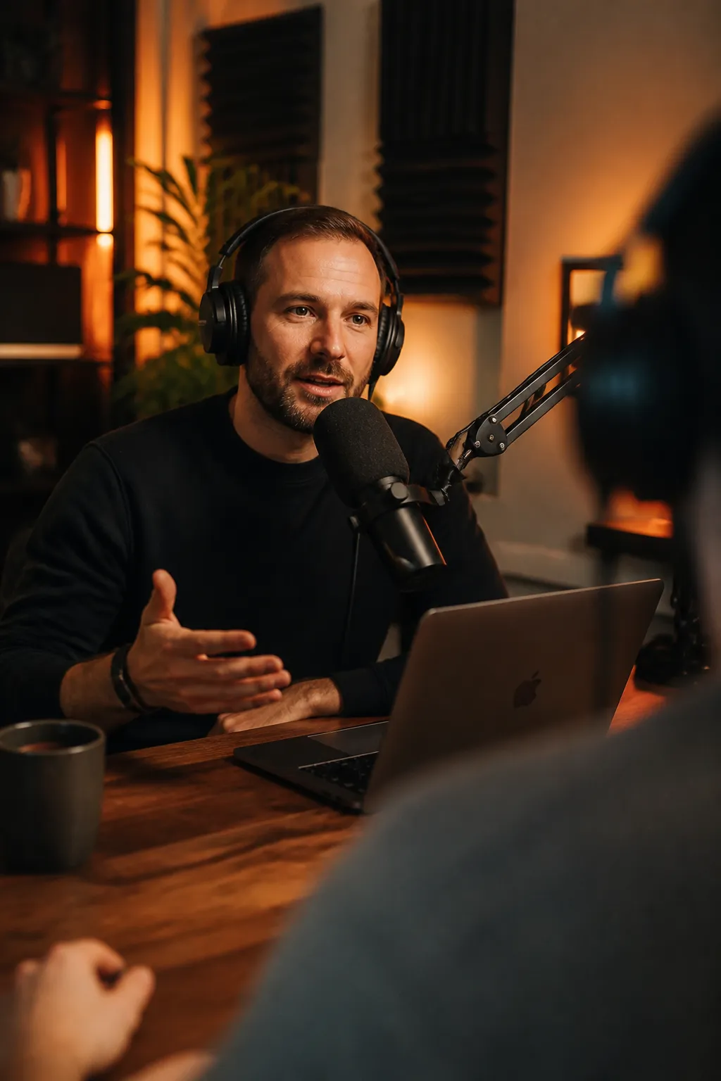 Podcast interview recording session in a studio—man wearing headphones speaking into a microphone with a laptop on the desk