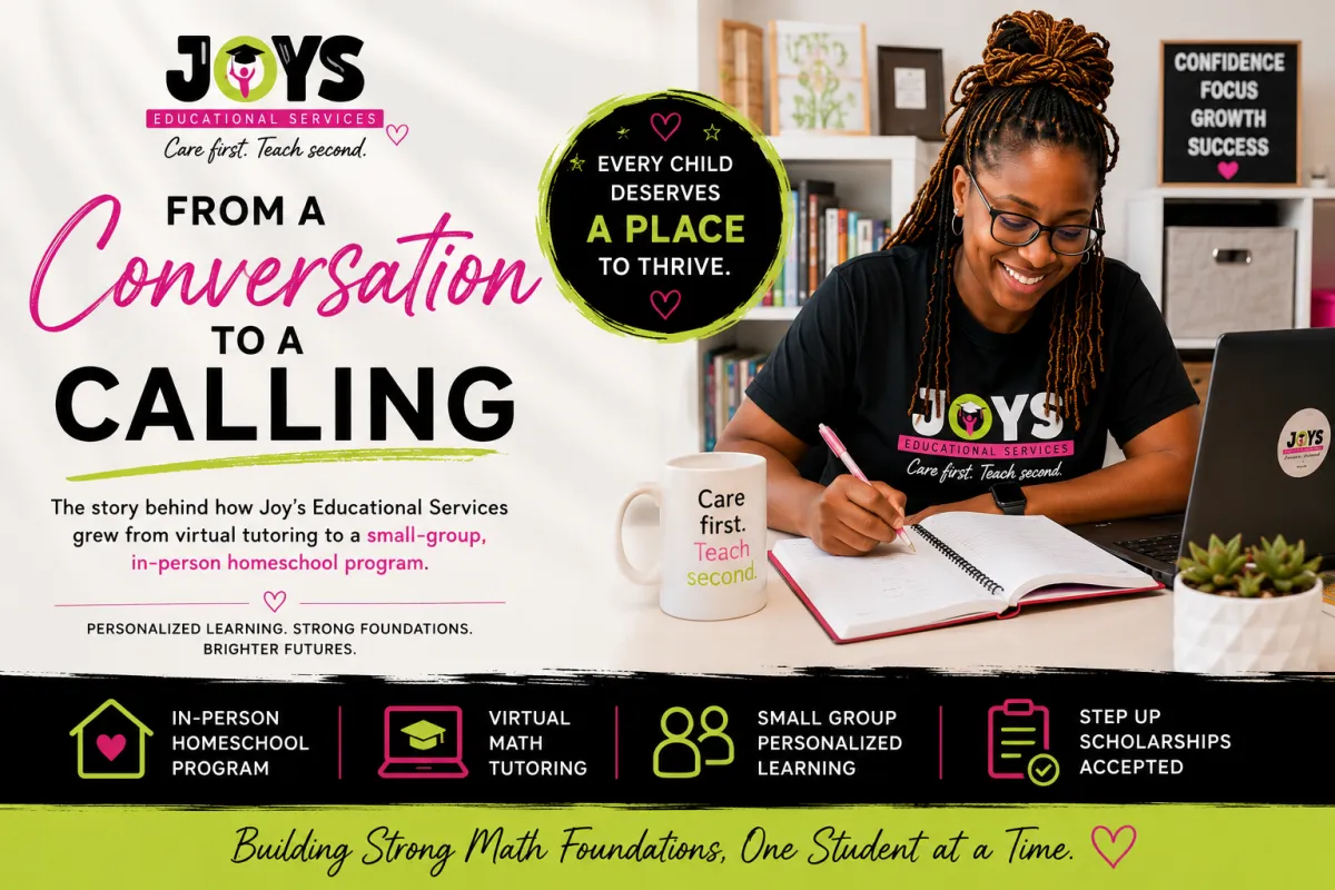 Jennifer "Ms. Jen" Jones, founder of Joy's Educational Services, sharing the story behind her in-person homeschool program and virtual math tutoring services for local Florida families.