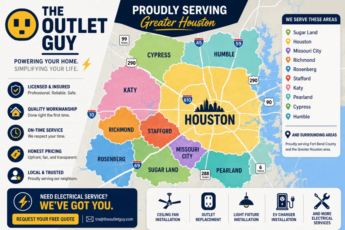 Map showing service area around Sugar Land and Houston
