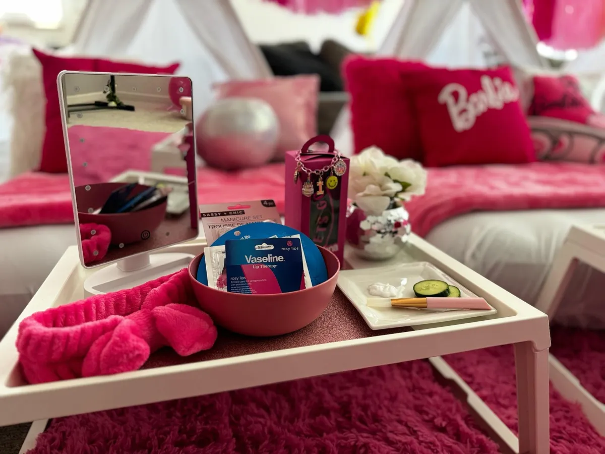 Cozy kids' spa corner setup with soft pastel towels and gentle lighting
