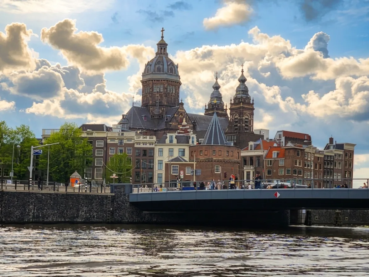 Riverfront view of the iconic buildings in Amterdam