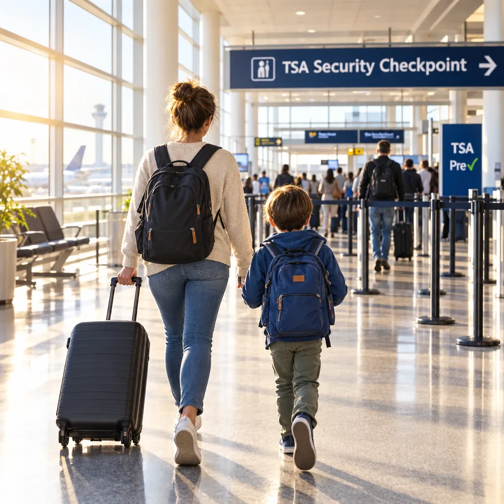 A mother and young child walking together through a bright airport terminal toward the TSA Security Checkpoint, both carrying backpacks, with warm natural light and a TSA PreCheck sign visible in the background.