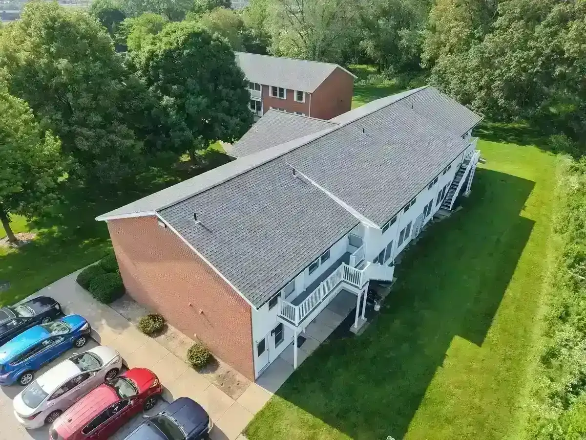Drone view of architectural shingle roof on residential home in Perrysville Ohio by Weikles Roofing