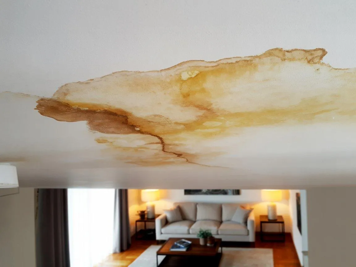Water staining from a leaking roof in an residential home living room.