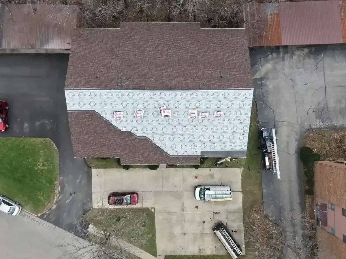 Aerial overhead view of a roof replacement in progress by the Weikles Roofing team.