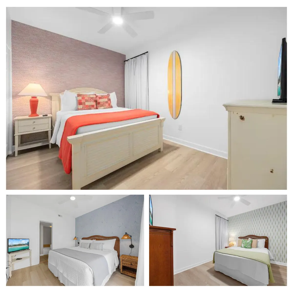 Experience the luxury of Bedroom 4, 5, and 6 on the second floor of Cast-A-Waves, each equipped with comfy beds, TVs, and private bathrooms.