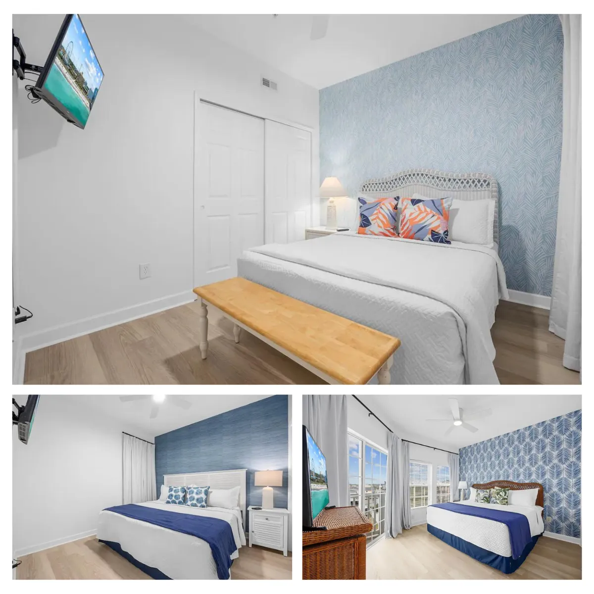 Experience the comfort of Cast-A-Waves' bedrooms, featuring luxurious linens, flat screen TVs, and ample storage space on both floors.