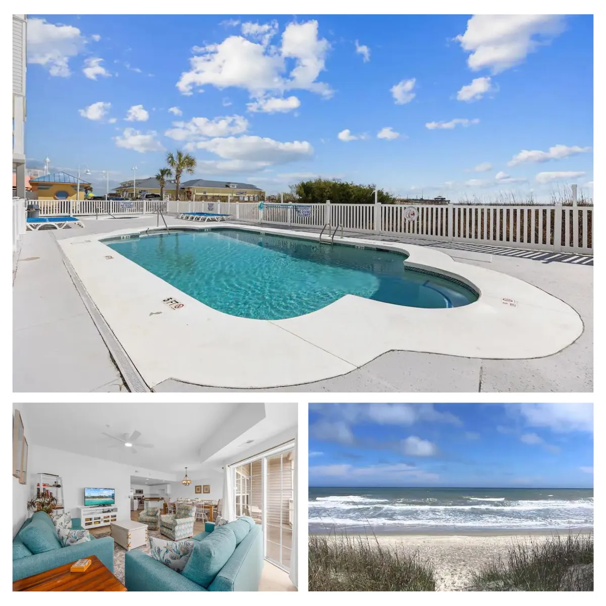 Experience the seaside charm at Cast-A-Waves: a recently updated 6-bed, 4-bath beach condo in Cherry Grove, SC, perfect for groups, families, and friends, with beach access and intercoastal vistas.